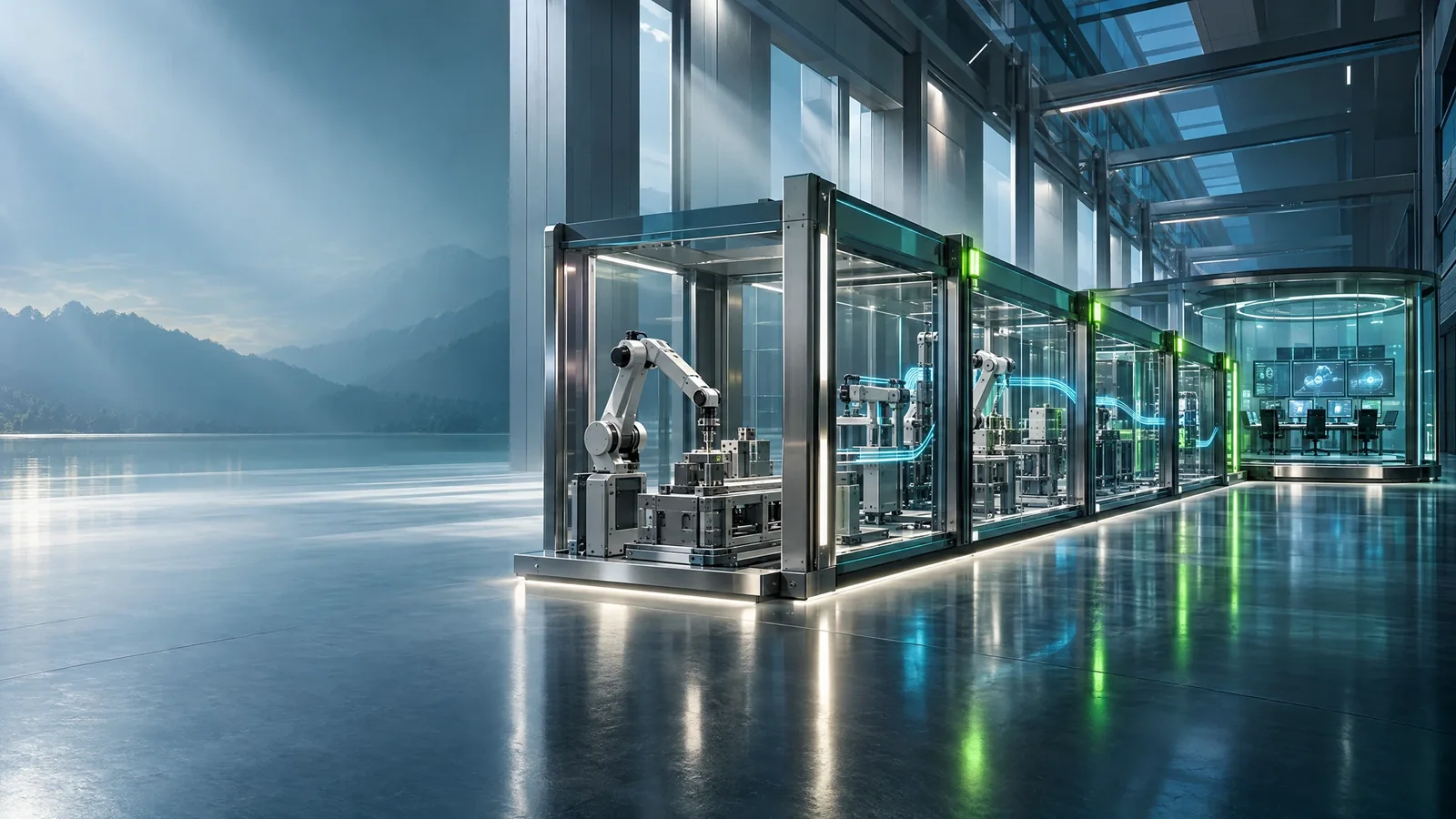 Línea de producción robotizada en celdas de cristal, con una sala de control al fondo.