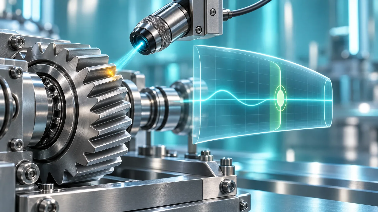 Engranaje industrial vigilado por un sensor, con una curva de señal que anticipa el fallo.