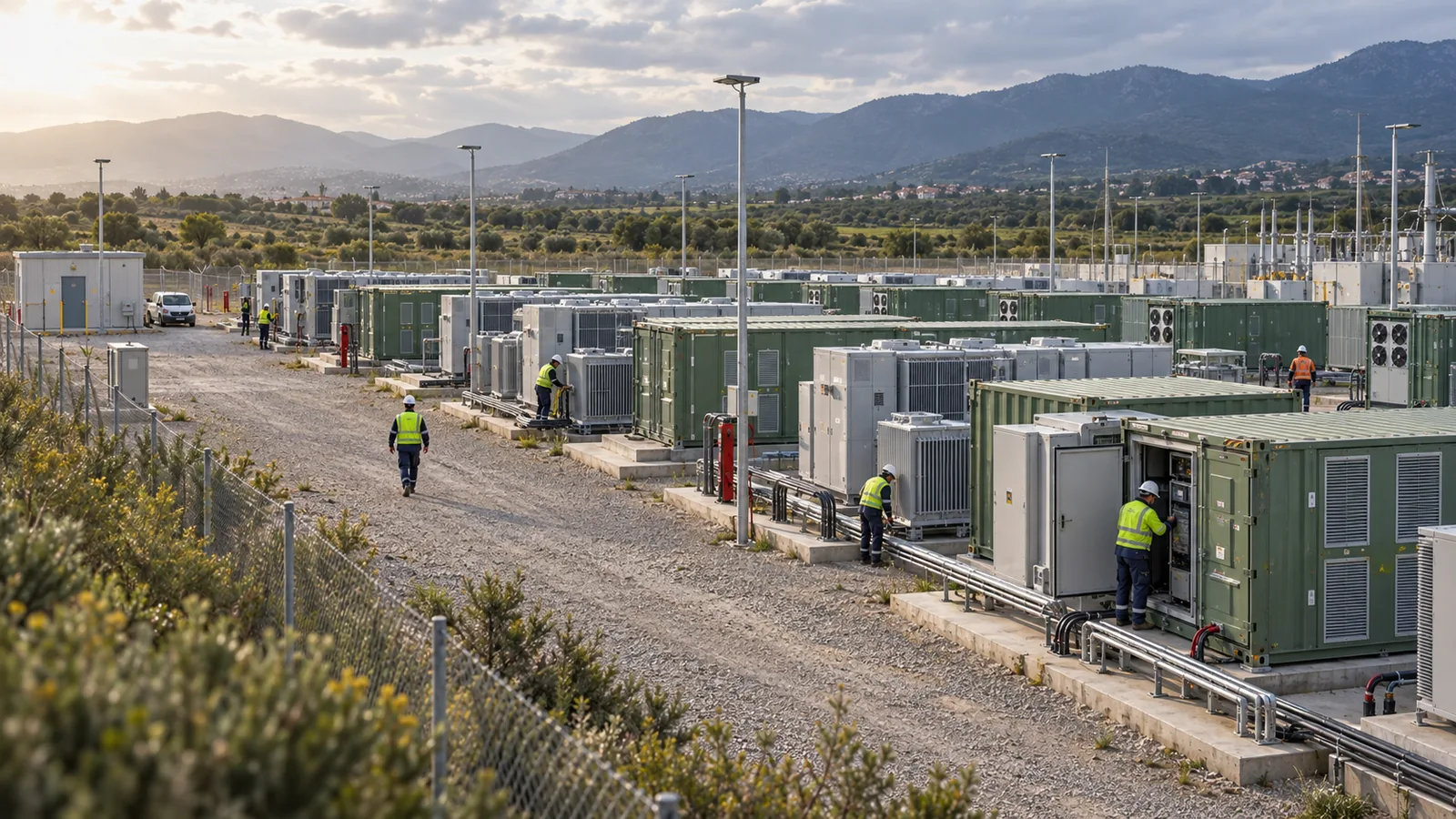 Parque de baterías BESS en contenedores, con técnicos trabajando en la instalación.