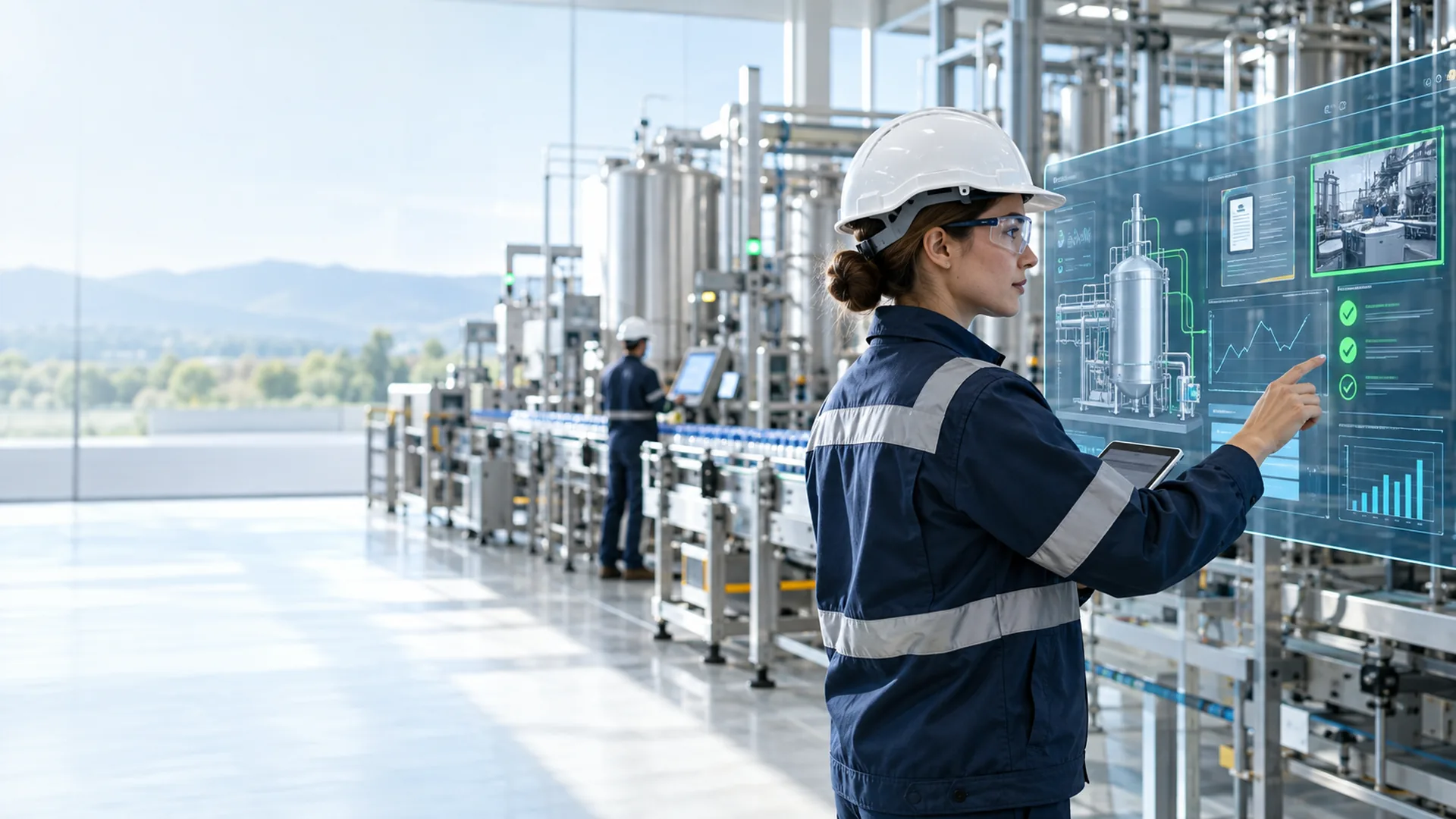 Ingeniera de planta consulta un panel de datos holográfico junto a una línea de producción industrial.