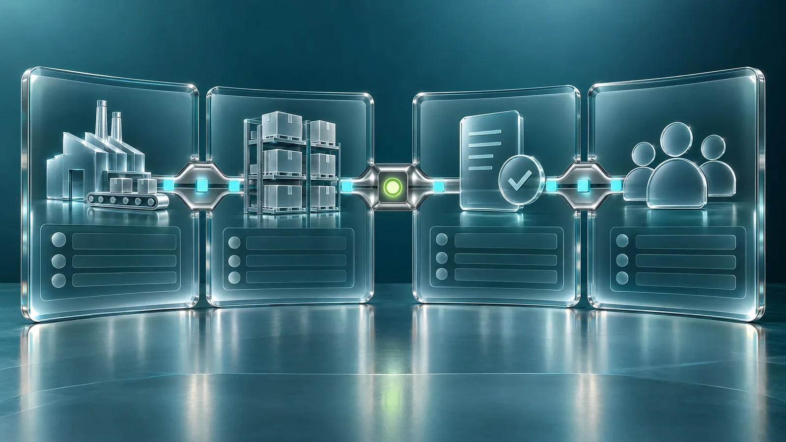 Cuatro módulos de cristal (planta, almacén, documentos y personas) conectados por un único flujo de datos.
